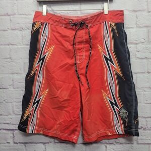 MCD Board Shorts Mens 34 (L) Red‎ Lightning Design Logo Beach Swim Surf Vacation